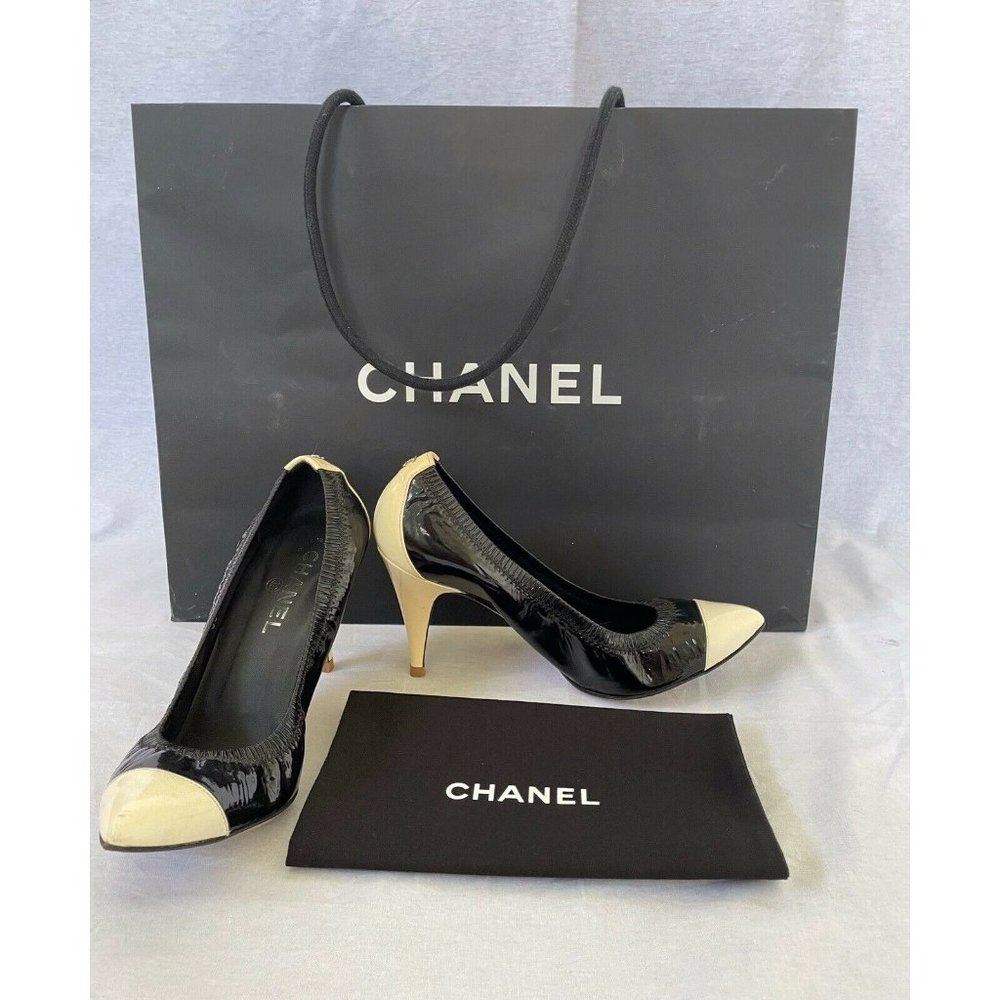 Authentic Chanel Womens Shoes Elastic Pumps Heels Cap Toe Leather Black Beige 39 - Picture 2 of 13